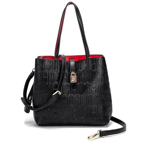 Rejolly Bucket Tote Bag for Women Top Handle Handbag Embossed PU Leather Classic Designer Purse Black