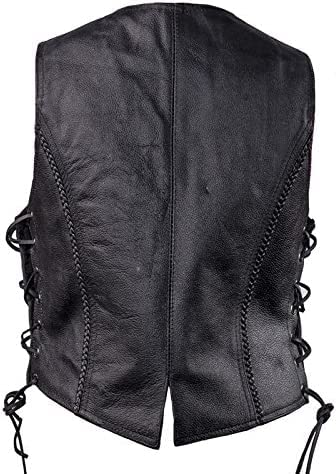 Womens Black Leather Motorcycle Vest With Braid On Front And Back Side Laces (As1, Alpha, 4X_L, Regular, Regular) #TOP1