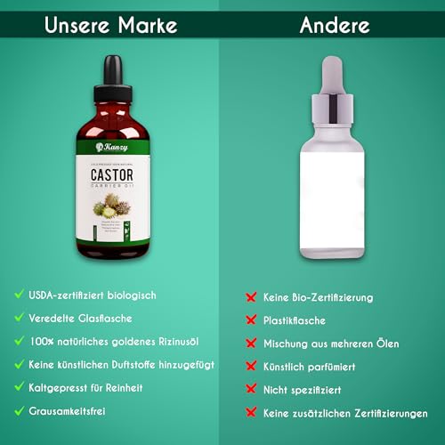 Kanzy Rizinusöl Bio Kaltgepresst 100ml, Organic Castor Oil for Hair Growth Natürlich Rizinus Öl für Körper, Haare, Nägel, Wimpern, Augenbrauen