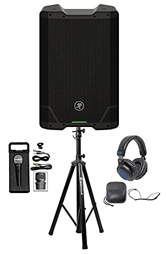 Audiosavings Bundle: Mackie SRT210 Speaker w/BT Bundle with Rockville PRO-M50 Studio Headphones & Rockville RCM03 Pro Recording Microphone Mic & Rockville RXS20 Portable Mixer Stand (4 Items)