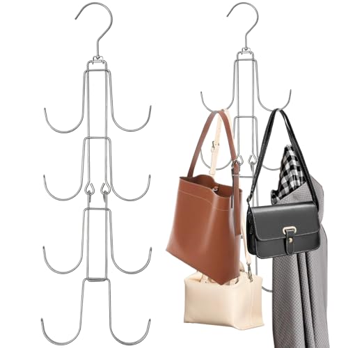 Itoyx Lot de 2 organiseurs de sac à main pour placard, porte-sac à main à 4 niveaux avec crochet pivotant à 360°, support de sac à suspendre en métal argenté pour organiser un placard, économiser de