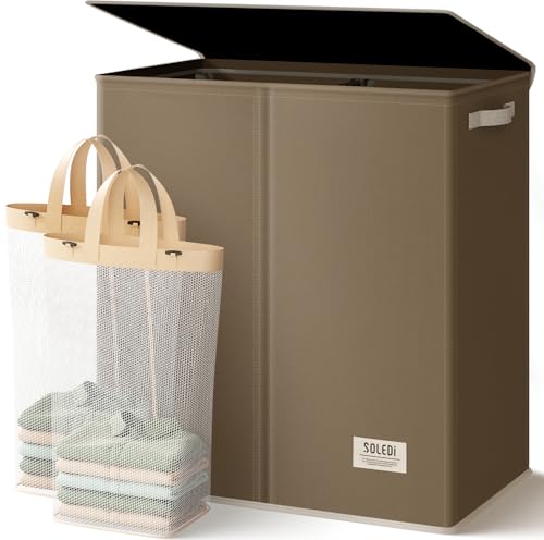 SOLEDI Large Double Laundry Hamper with Lid, Collapsible Clothes Hamper 2 section with Removable Bags, Space-Saving Laundry Basket for Bedroom, Dorm, College