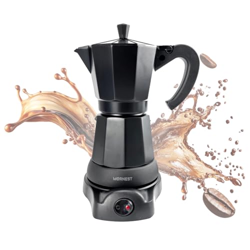 Mornest Aluminium Electric Moka Pot Coffee Maker, Electric Espresso Maker Auto Shutoff, Italian Classic, 360 Degree Rotating Base, 3/6 Cups (150/300ml), Red/White/Black/Blue/Silver (Black, 6 Cups)