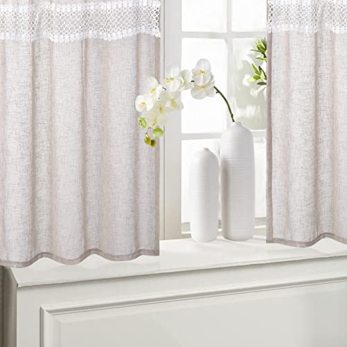 Caremee Semi Sheer Tier Curtains 36 Inch Length Lace Tassel Curtains Linen Textured Short Window Curtain Panels Farmhouse Café Curtains Sheer Window Treatment Set For Bedroom, W27 X L36, Khaki #TOP1