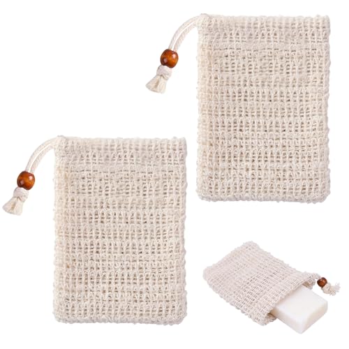2 PCS Sisal Soap Bag for Shower Natural Sisal Exfoliating Soap Bags for Foaming with Drawstring Drying Soaps Exfoliation