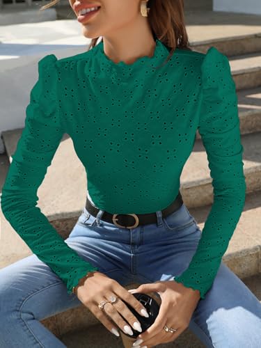 Image of Sugathari Girl's & Women's Spring /Summer Slim Fit High Neck T-Shirt with Stand Collar, Cap Sleeves and Eyelet Embroidery Frill Trim Tee Textured Sheer Fabric (T-Shirts 194 $P)