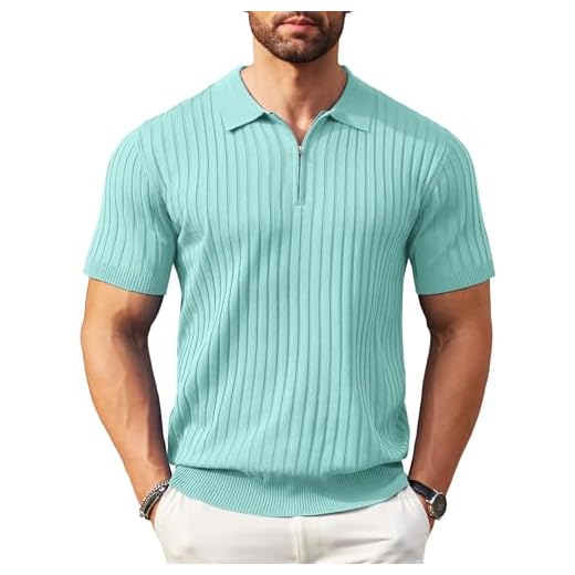 COOFANDY Men's Zipper Polo Shirts Short Sleeve Ribbed Knit Polo T Shirts Fashion Casual Golf Shirts, Green, 3XL