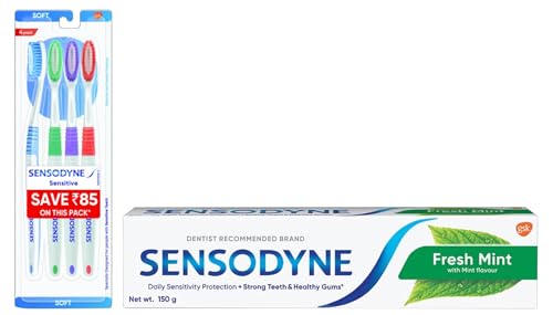 Image of Sensodyne Toothpaste Fresh Mint, Sensitive tooth paste for daily sensitivity protection, 150 gm & Sensodyne Sensitive Manual Toothbrush with Soft Bristles for adult Pack - 4 Pieces,Multicolor