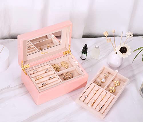 Voova Wooden Jewelry Box Organizer For Women Teen Girls, Luxury Piano Paint Jewelry Case With Mirror, Large Jewellery Storage Boxes Display Holder With Removable Tray For Earrings Rings Bracelets,Pink #TOP7