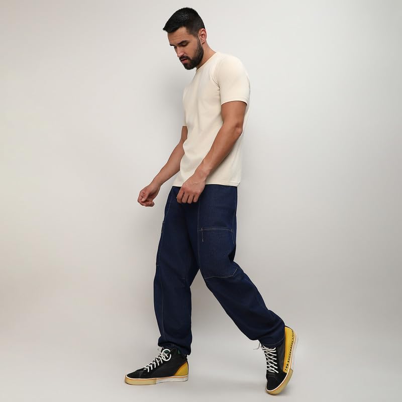 Image of CAHOOT Men's Cargo Denim Jeans for Everyday Wear | Dark-Wash | Button Closure |Regular Fit | Oversized Fit | Denim Jeans Crafted with Comfort Fit for Everyday Wear