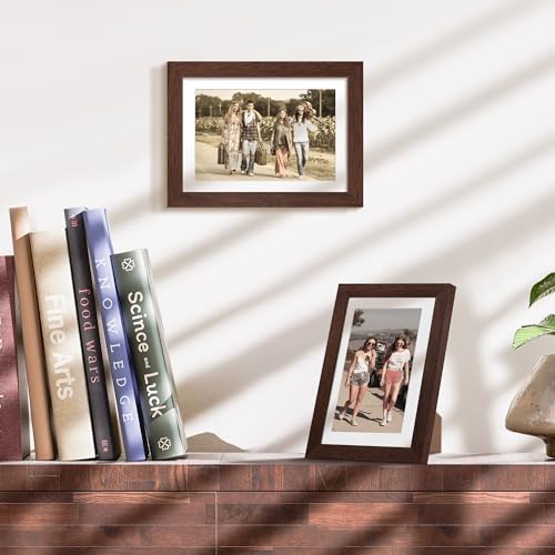 Image of upsimples 5x7 Picture Frame, Display Pictures 4x6 with Mat or 5 x 7 Without, Wall Hanging Photo Frames, Brown, 1 Pack