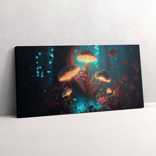 Champignons Forestiers Toile Murale Lumineuse pour Salon Cosy Wallfluent 100x50cm