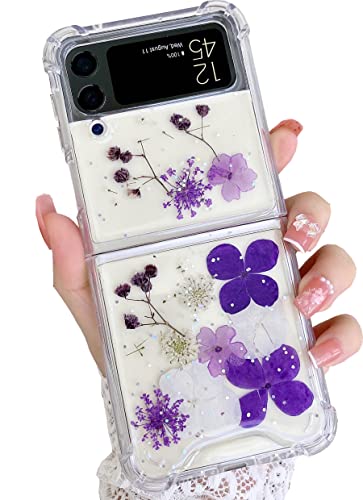 Shinymore Galaxy Z Flip 3 Real Flower Case, Soft Clear Flexible Rubber Pressed Dry Real Flowers Case Girls Women Glitter Shockproof Floral Cover For Samsung Galaxy Z Flip 3 -Purple Flower #TOP1