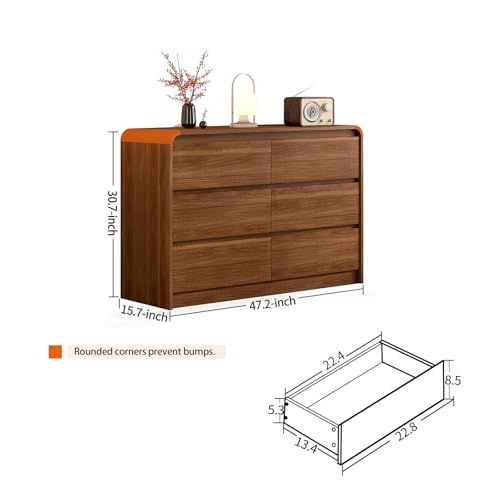 Modern 6 Drawer Dresser, 47-Inch Wood Chest of Drawers, Curved Anti-Collision Design, Mid-Century Storage Cabinet, Pre-Embedded Slots, Natural Texture, for Bedroom, Living Room, TV Stand, Nursery