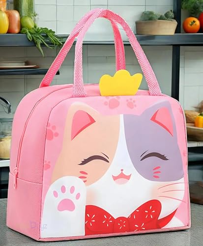 Image of 3D Printed Hot & Cold Leak-Proof Insulated Lunch Bag - Pink Cat Wings Design, Tote Hand-Held Tiffin Bag for Office, School, Kids, Women & Men