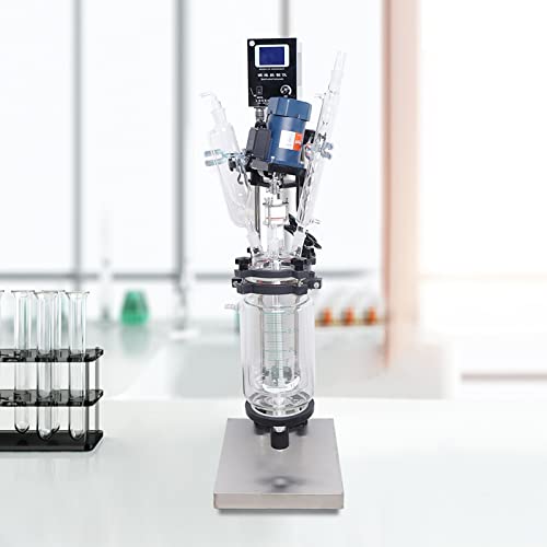 Double-Layer Glass Reactor, 110V 90W 3L Digital Jacketed Chemical Glass Reactor Adjustable Temperature Multifunctional Heating Mixing Reactor Laboratory Bioreactor w/LCD for Petroleum, Chemical, Food