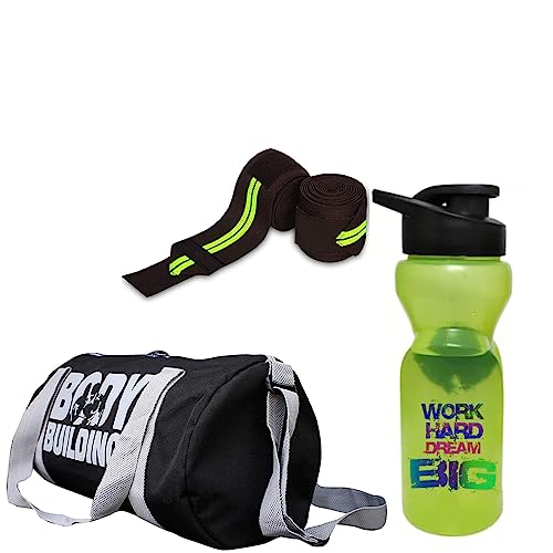 AV Brands Gym Bag Combo for Men ll Gym Bag Black, Bottle & Wrist Band Green ll Gym kit Gym & Fitness Kit