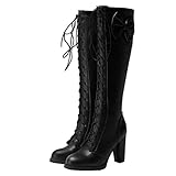 rockabilly shoes damen Birdsight Damen Schnürstiefel Kniehoch High Heels mit Blockabsatz und Schleife Kniehohe Boots zum Schnüren Rockabilly Cosplay Lolita Schuhe (Schwarz, 41)