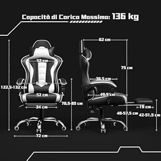 Yaheetech Sedia da Gaming Ergonomica Massaggiante con Poggiapiedi Reclinabile Imbottiti in Finta Pelle, Poltrona Gamer da Scrivania con Poggiatesta e Supporto Lombare Ruote Girevole Bianco