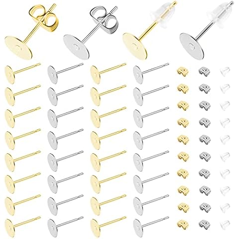Earring Posts Stainless Steel, Flasoo 1900Pcs Hypoallergenic Earring Posts and Backs, Flat Pad Earring Studs with Clutch for Earring Making and DIY Stud Earring Supplies Cover