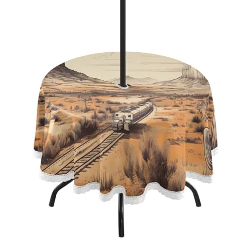 Wajiw 60 Inch Indoor Outdoor Round Tablecloth with Umbrella Hole and Zipper Waterproof Patio Table Cover for Camping Dining Room Party Outdoor Picnic,Cactus