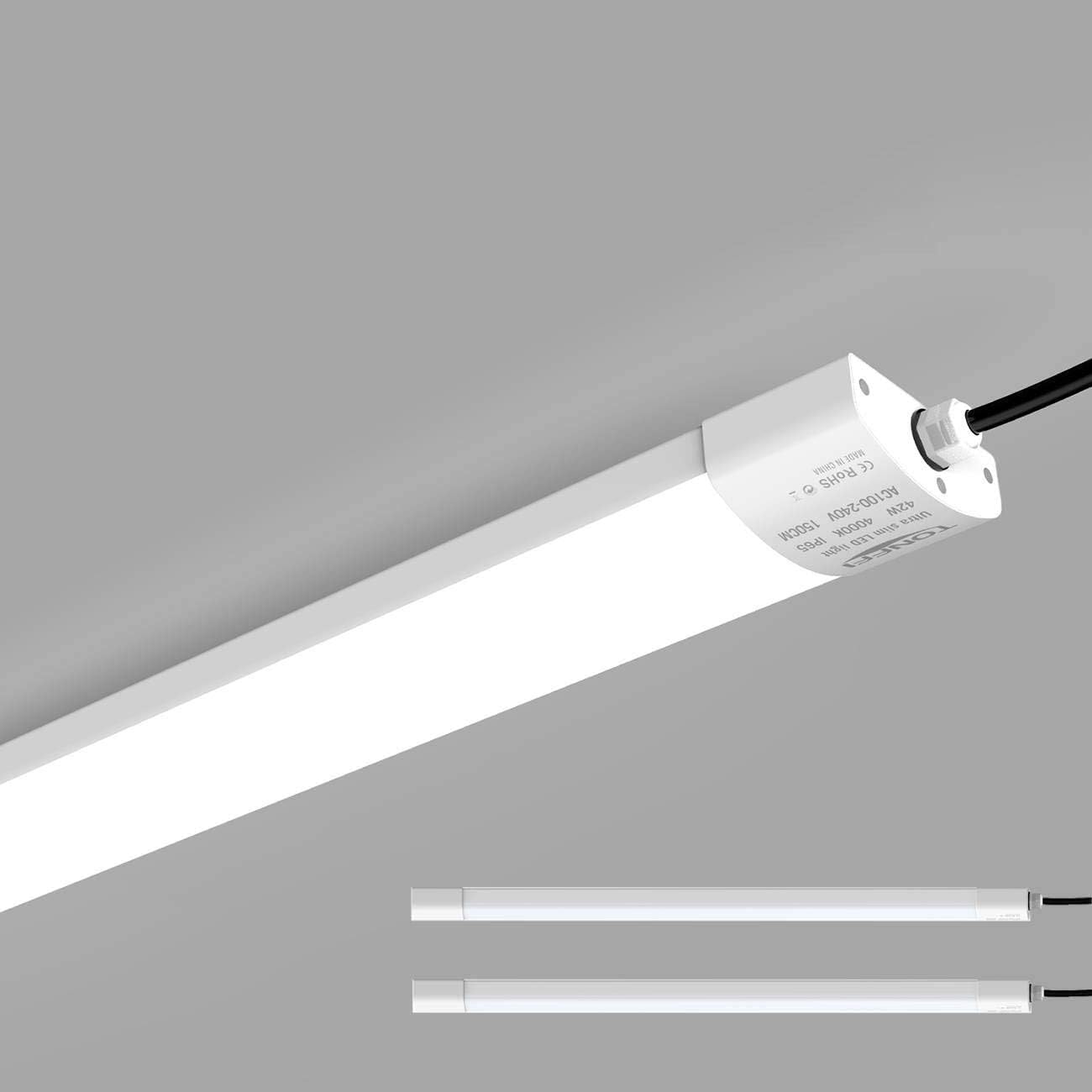 TONFFI 2er LED Feuchtraumleuchte Deckenleuchte 150cm 42W für Garage Keller Bad Werkstatt Feuchtraum Warenhaus, LED Wannenleuchte Feuchtraumlampe Röhre, Wasserdicht IP65 Neutralweiß 4000K-4500K