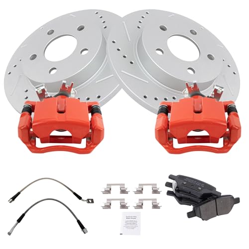 Image of TRQ Performance Rear Brake Pad and Rotor Set Semi Metallic Coated Rotors Calipers Compatible with 2005-2007 Chevrolet Malibu