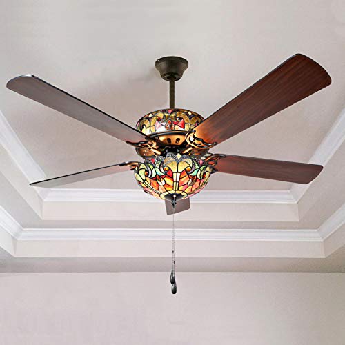 River Of Goods Stained Glass Halston Led Ceiling Fan - 52" L X 52" W - Tiffany Style Flush Mount Ceiling Fan - Spice #TOP5