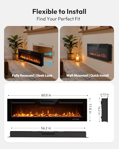 EUHOMY 60 Inch Electric Fireplace Recessed Wall Mounted with Remote Control, Fireplace Heater with Adjustable Flame Color, Linear Fireplace with Timer, Log & Crystal, 750/1500W (2026 Upgrade) - Thumbnail 3