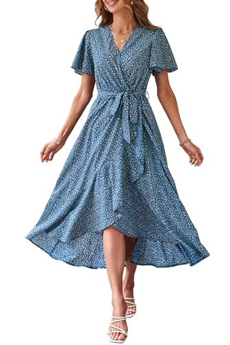 PRETTYGARDEN Women's Summer Floral Boho Maxi Dress Wrap Short Sleeve V Neck Ruffle A-Line Flowy Wedding Guest Long Dresses
