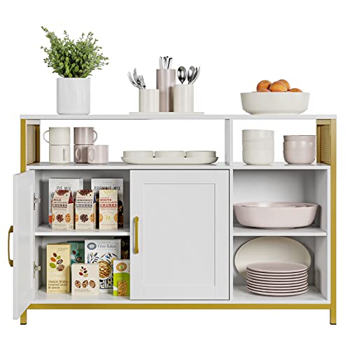 Hithos Kitchen Buffet Cabinet, Accent Sideboard Buffet With Storage, Wood Floor Storage Cabinet With Doors And Shelves, Industrial Living Room Dining Room Furniture,Gold/White #TOP5