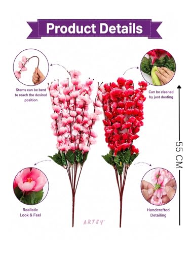 Image of ARTSY Artificial Flowers Bunch for Decoration Cherry Blossom, Ideal for vase, Home, Office Decor, Gifts, Craft, Artificial Plants for Decoration, Without vase, Pink Maroon, Combo, 2 Pieces