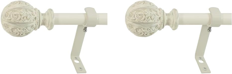 Montevilla Leaf Ball Curtain Rod and Decopolitan Leaf Ball Curtain Rod Set, 48-86" and 26-48", Distressed Ivory