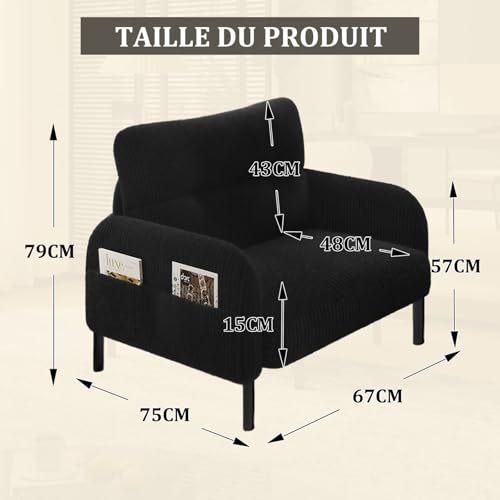 Fauteuil Velours Côtelé 1 Place Poche Latérale KOMHTOM