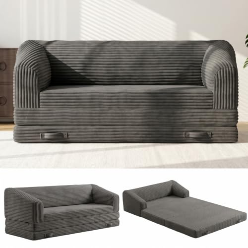 Image of JUIKURY Convertible Sofa Bed, 3-in-1 Foldable Loveseat Couch with Armrest, Corduroy Floor Sofa & Sleeper Bed, No Assembly High-Density Foam Futon Mattress for Living Room, Small Apartment, Dorm