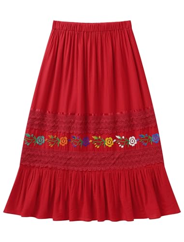 ABAFIP Women's Mexican Floral Embroidery Lace Elastic High Waist Ruffle A-Line Midi Skirt Traditional3