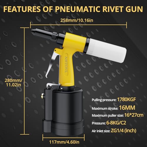 AMTOVL Pneumatic Riveter - 3917LBF Pulling Pneumatic Rivet Gun, Heavy-Duty Air Pop Riveter 3/32\", 1/8\", 5/32\", 3/16\" and 1/4\" Capacity