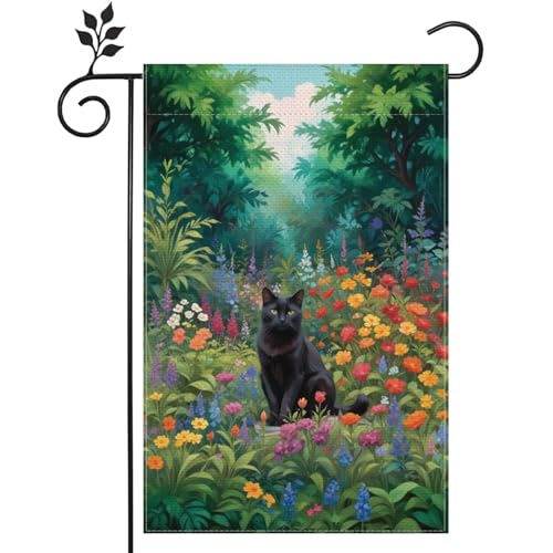 Black Cat Color Flowers Spring Summer Garden Flag 12x18 Inch Double-sided Small Burlap Outdoor Yard Lawn Farmhouse Seasonal Flags Decoration
