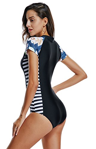 Lafykoly Women's One Piece Long Sleeve Rash Guard Uv Protection Printed Surfing Swimsuit Swimwear Bathing Suit (L(Us:10-12), Short Sleeve&Black) #TOP5