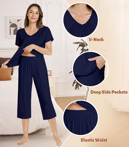 Image of NACHILA Bamboo Viscose Capri Pajamas for Women Cooling Short Sleeve Pjs