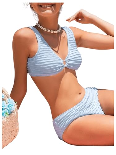 Image of WDIRARA Girl's Heart Ring V Neck Bikini Set Swimsuit 2 Piece Bathing Suit Blue 12-13Y
