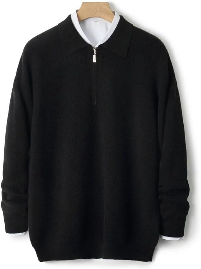Men's Wool Sweater Polo Collar Zippers Pullover Business Casual Warm Jumper Top