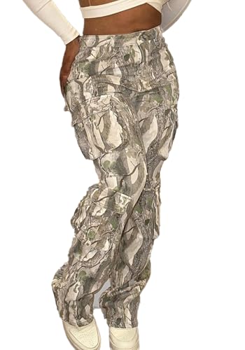 Women's Camo Cargo Pants High Waist Wide Leg Camouflage Army Fatigue Trousers with Pockets Sweatpants, Brown, XL