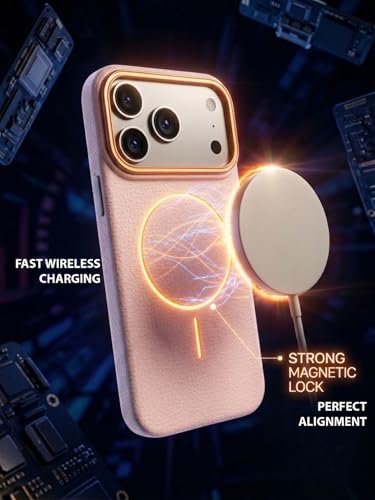 Image of amazon basics Luxury MagSafe Compatible Leather Texture Back Cover for iPhone 17 Pro Max | Raised Camera Protection | Slim Fit Shockproof Case with Metallic Accents (Pink)