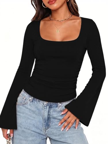 Long Sleeve Shirts for Women 2026 Summer Crop Going Out Tops Casual Square Neck Bell Sleeve Ribbed Ruched Y2K Outfits