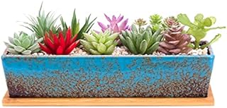 ARTKETTY Succulent Plant Pots, 30 CM Long Rectangle Succulent Plant Pots with Drainage Tray, Large Ceramic Cactus Flower Plants for Indoor/Outdoor Plants Shallow Bonsai Window Box Home Decor, Blue