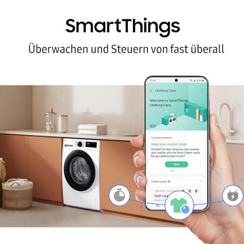 Samsung WW90DG5G34AEEG Waschmaschine WW5100D SLIM, 9 kg, EEK: A (-10%), Nur 48 cm tief, Dampfprogramm, AI Energy Mode, Ecobubble, WiFi, Mikroplastik-Programm, AI Wash, SuperSpeed 39 Min., Weiß