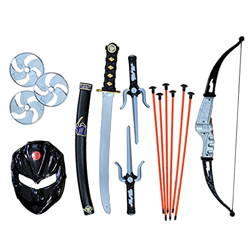 SENSORY4U Ninja Toys Weapons Dress up Accessory Kit - 15 Piece Set Includes: Ninja Warrior Sword and Sheath, Plastic Ninja Knife, Throwing Stars and Ninja Bow and Arrow Archery Set for Kids