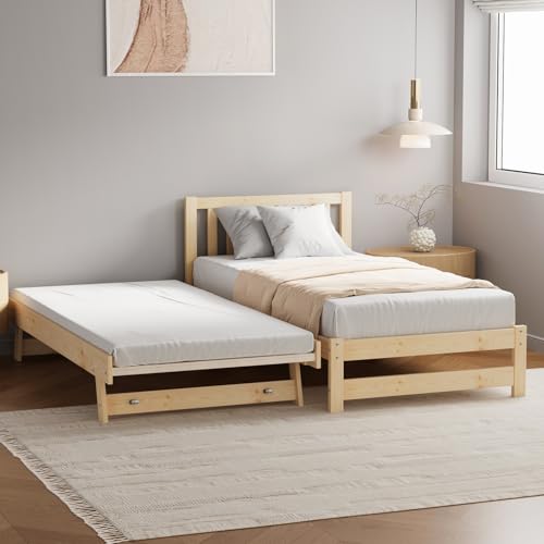 Oikiture Kids Bed Frame Trundle Single Wooden Timber Hidden Dual Beds, Natural