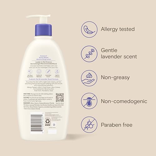 Aveeno Stress Relief Moisturizing Body Lotion, Lavender Scent with Prebiotic Oat for Sensitive Skin, Lightly Scented Lotion with 48-Hour Hydration, Fast Absorbing, Non-Greasy, 18 Fl Oz - image 9